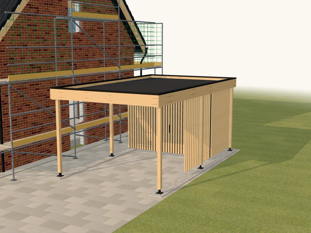 Modell eines Holz-Carports mit Lamellen neben einem Klinkerhaus