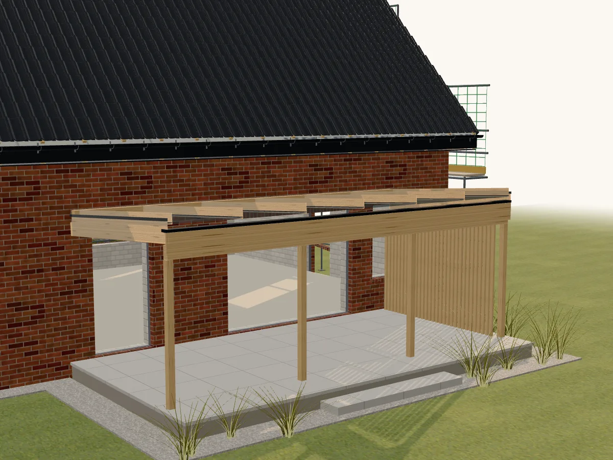 Modell einer Terrassenüberdachung aus Holz und Glas an der Gartenseite eines Hauses